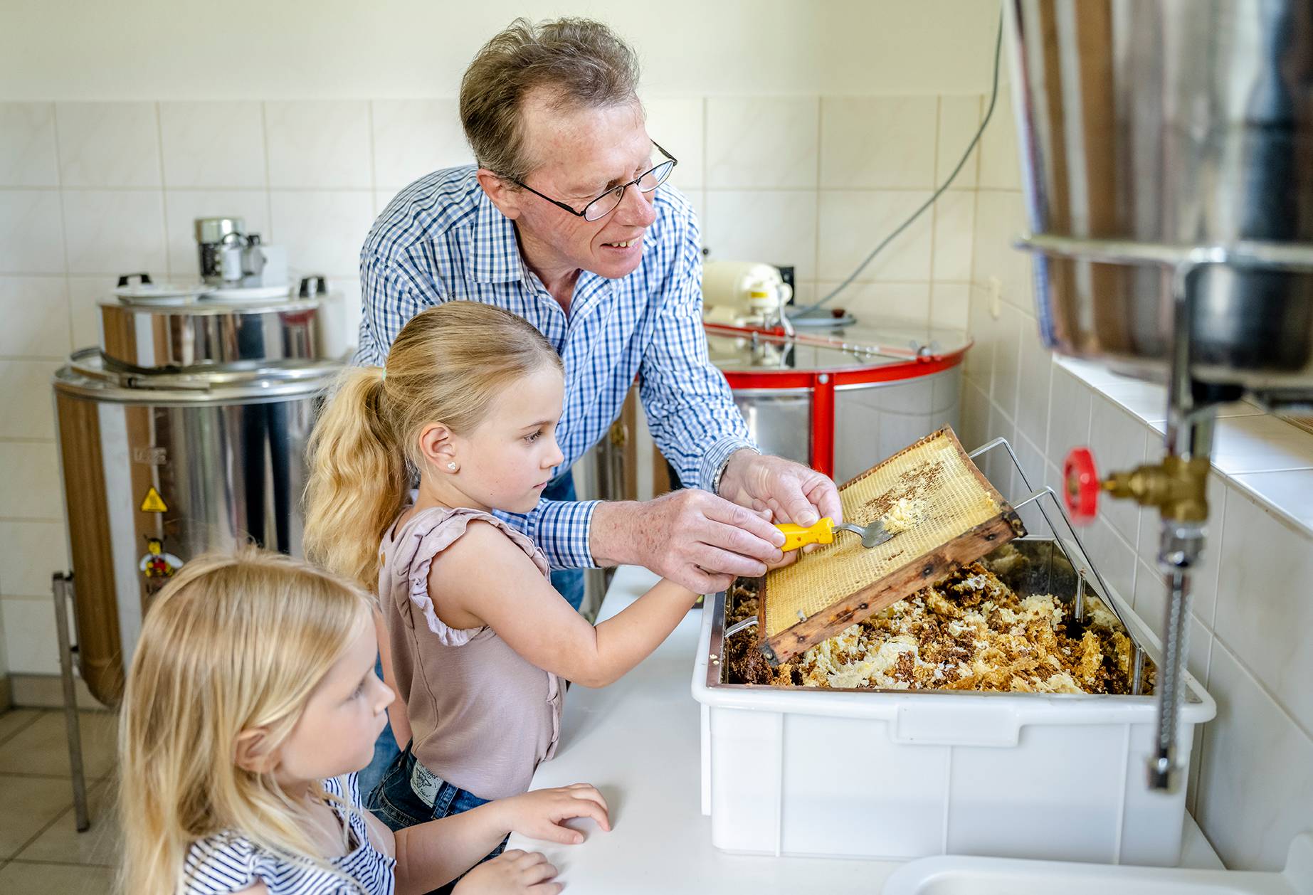 Imker erklärt zwei Mädchen wie Honig gemacht wird