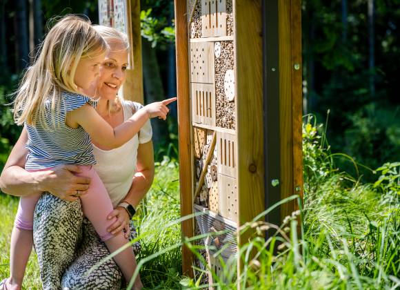 Mutter und Tochter schauen sich ein Insektenhotel an
