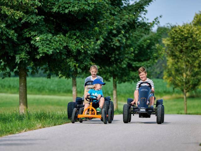 Drei Kinder auf Kettcars sausen über die Wege am Ferienhof